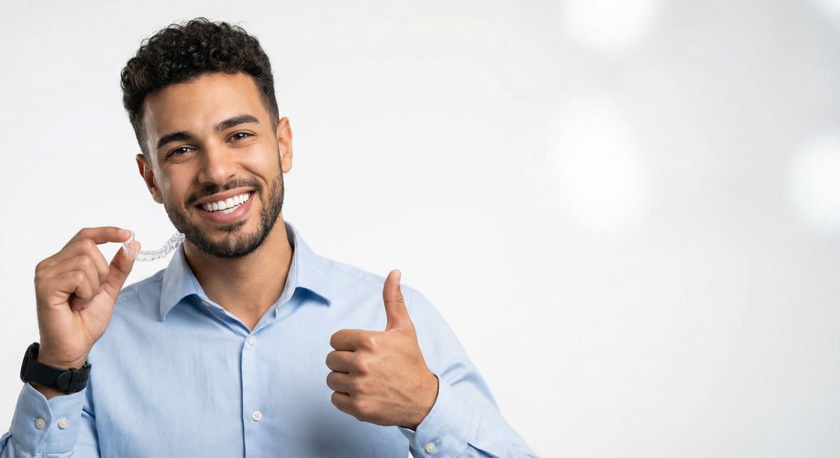 Patient holding a clear aligner tray at Oakville Dental for discreet orthodontic treatment