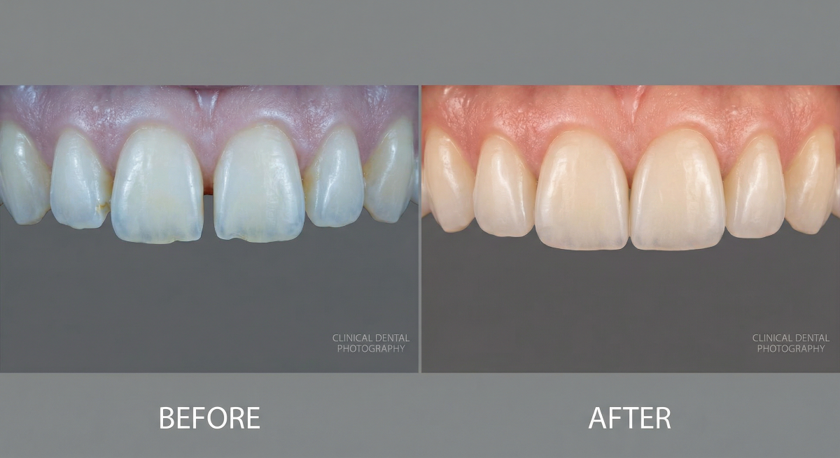 Before and after composite veneers treatment showing improved tooth alignment and color at Oakville Dental
