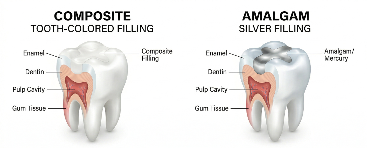 Tooth Fillings in Oakville – Composite vs Amalgam Filling Materials Comparison Composite tooth-colored filling versus amalgam silver filling cross-section comparison for tooth fillings in Oakville