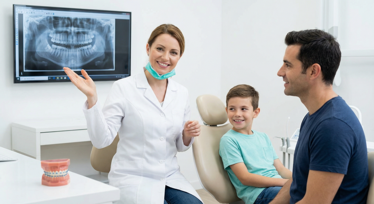 Dentist explaining a comprehensive dental care treatment plan using a panoramic X-ray to a father and son at Oakville Dental