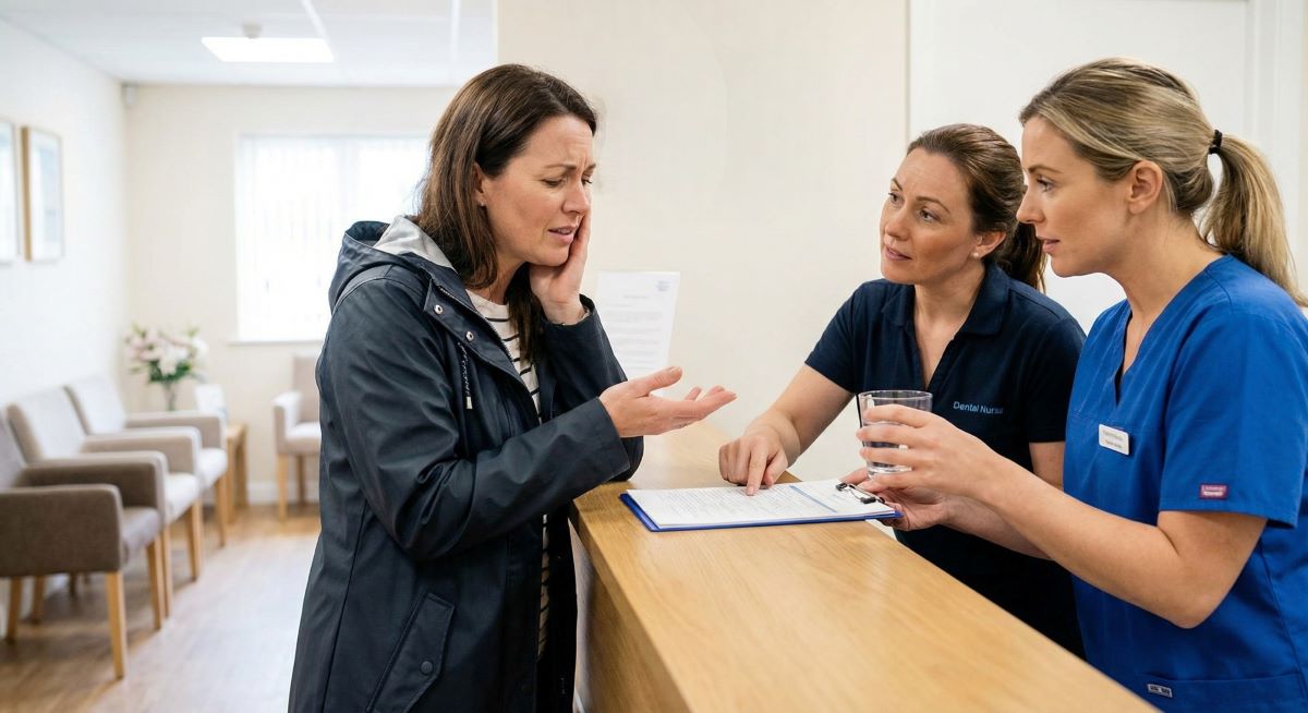 Patient with severe toothache consulting dental emergency team at Oakville Dental reception for urgent pain relief