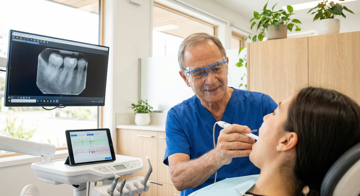 Emergency dentist in Oakville performing urgent dental examination using digital X-ray imaging to diagnose tooth pain