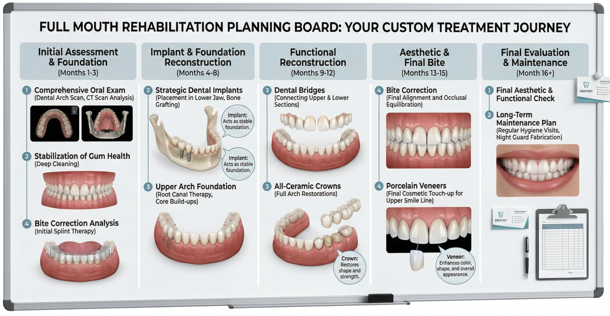 Full Mouth Rehabilitation Treatment Plan — Step-by-Step Custom Journey at Oakville Dental Full mouth rehabilitation planning board showing the custom treatment journey at Oakville Dental, including initial assessment, implant reconstruction, functional restoration with crowns and bridges, aesthetic bite correction with veneers, and long-term maintenance phases