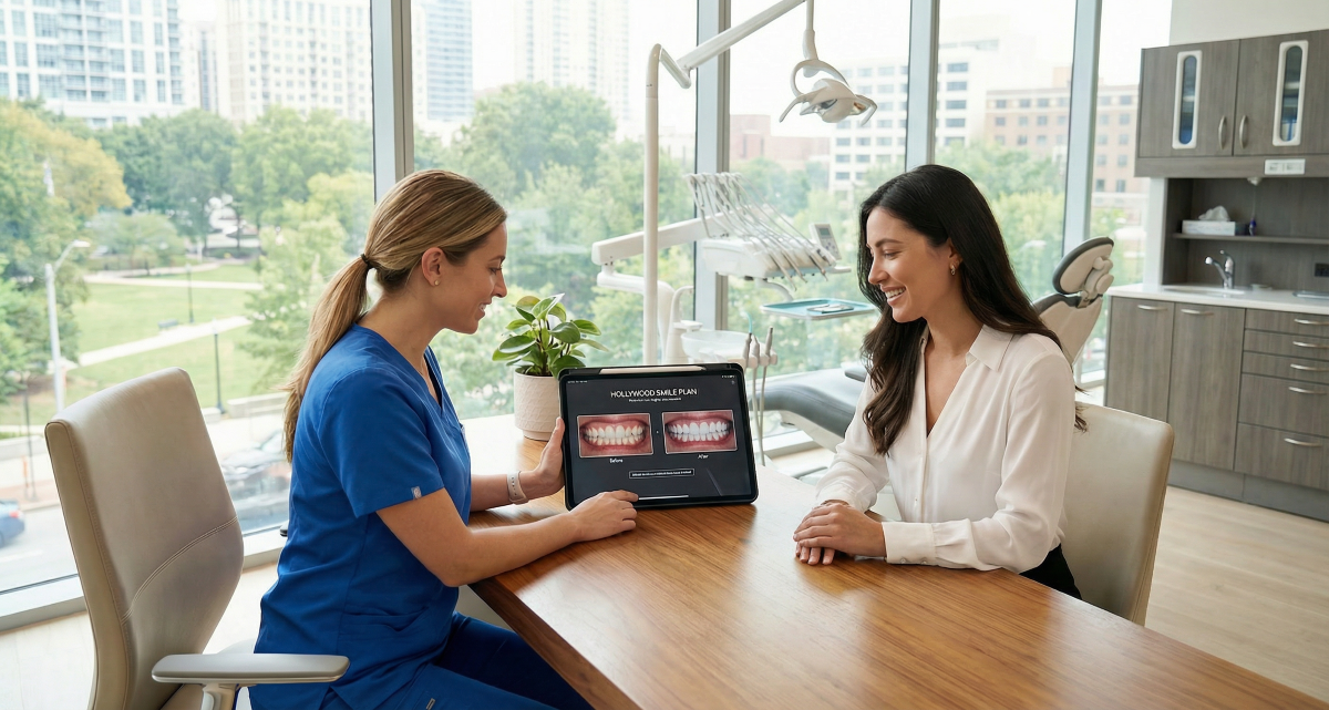 Hollywood Smile consultation in Oakville – dentist presenting a digital before-and-after smile plan to a patient on a tablet
