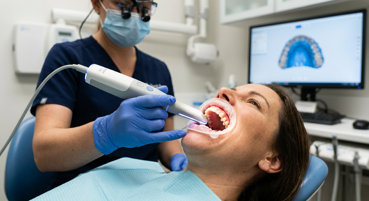 Dental hygienist performing an intra-oral wellness scan during a dental exam at Oakville Dental