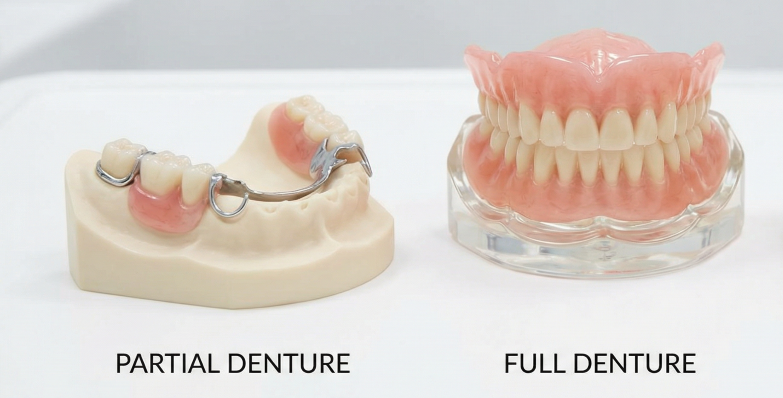 Side-by-side comparison of a partial denture with metal clasps and a full denture set used for complete tooth replacement at Oakville Dental