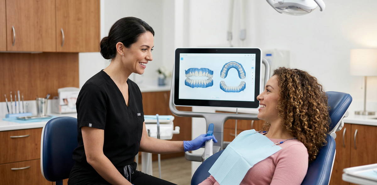 Dental hygienist reviewing a personalized comprehensive care treatment plan with a patient using 3D digital imaging at Oakville Dental