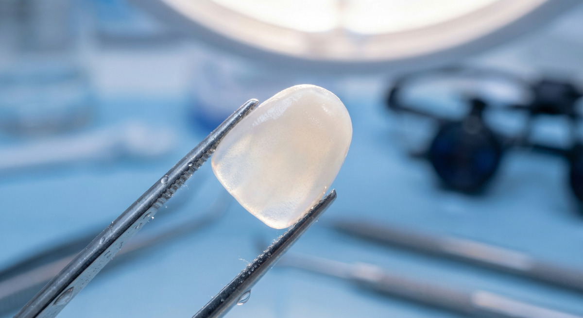 Porcelain Veneers – Ultra-Thin Ceramic Shell Ready for Bonding at Oakville Dental Custom porcelain veneer shell held with dental tweezers before bonding at Oakville Dental