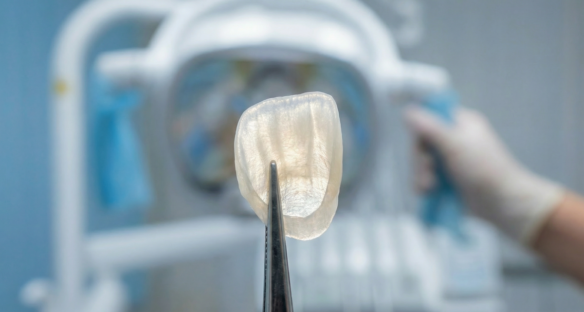 Porcelain Dental Veneer Shell – Custom Cosmetic Restoration at Oakville Dental Porcelain dental veneer shell held with tweezers before bonding at Oakville Dental