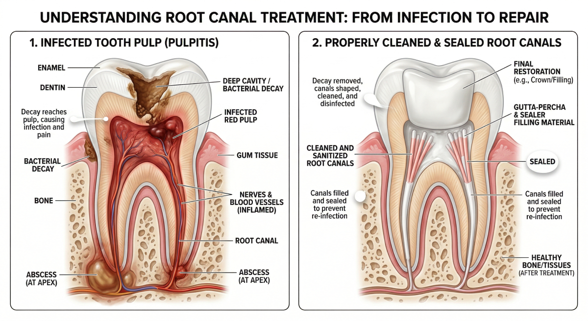 Root Canal Procedure Steps — Oakville Dental Diagram showing root canal treatment steps at Oakville Dental — from infected tooth pulp to properly cleaned, sealed, and restored root canals