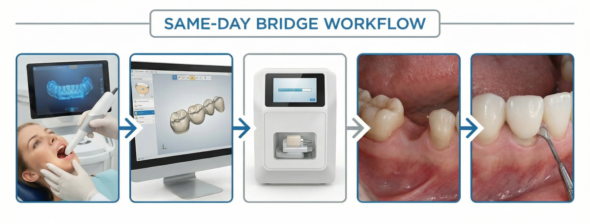 Same-Day Bridge Procedure Workflow – Digital Design to Final Placement at Oakville Dental Step-by-step same-day bridge procedure at Oakville Dental showing digital scanning, CAD/CAM design, on-site milling, and final bonding