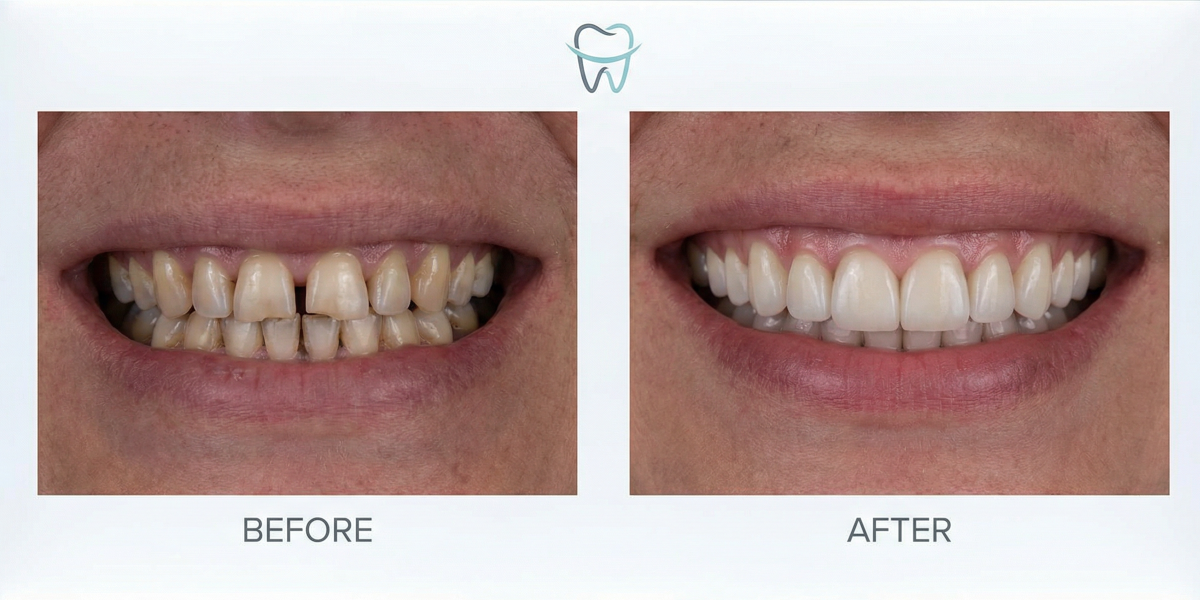 Smile Makeover Before and After – Oakville Dental Patient Results Smile makeover before and after comparison showing transformed teeth at Oakville Dental