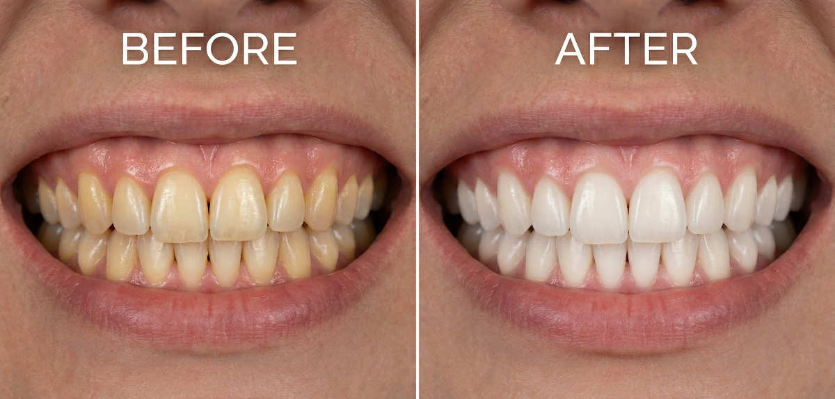 Teeth Whitening Before and After – Professional Results at Oakville Dental in Oakville, ON Before and after comparison of professional teeth whitening treatment showing visibly brighter teeth at Oakville Dental