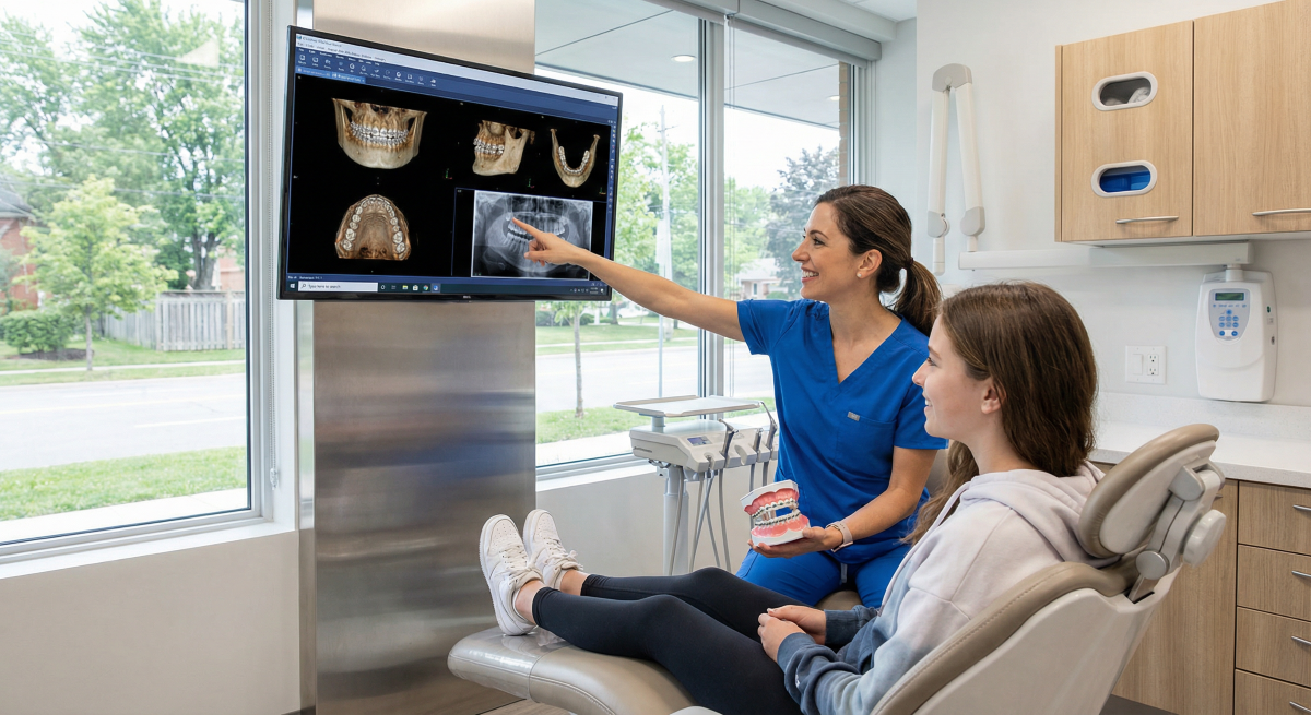Traditional Braces Consultation – Digital Imaging Review at Oakville Dental in Oakville, ON Orthodontist reviewing digital X-rays and 3D imaging with a teenage patient during a traditional braces consultation at Oakville Dental