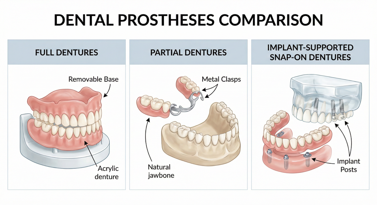 Types of dentures available in Oakville – full dentures with removable acrylic base, partial dentures with metal clasps on natural jawbone, and implant-supported snap-on dentures with implant posts
