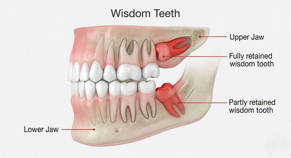 Diagram showing fully retained and partly retained wisdom teeth in the upper and lower jaw for wisdom tooth extraction planning